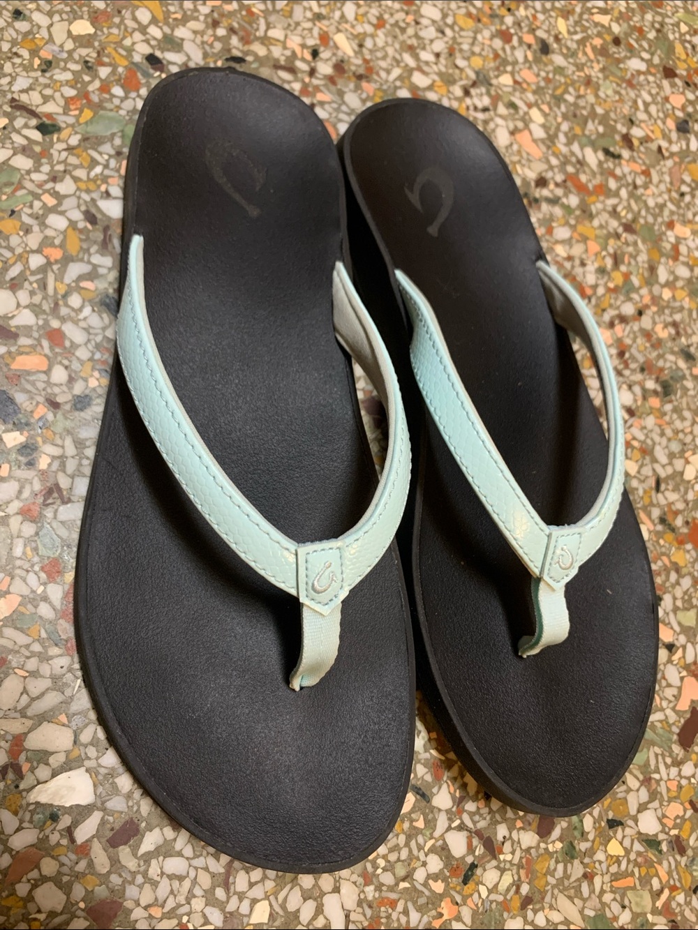 Olukai Women’s Black Footbed Flip Flops with Mint Straps